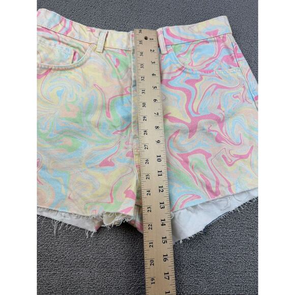 Zara Women's 10 Pastel Multi-Color Frayed Hem Swirl Print Tie Die Denim Shorts‎ - Picture 5 of 7